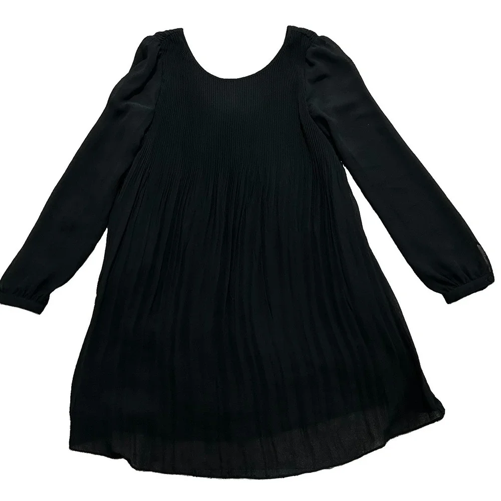 Sézane Black Pleated Chiffon Mini Dress 36 US 4 Long Sleeve Bow Back A-Line